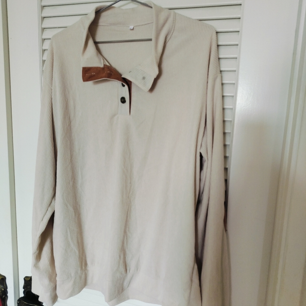 Men's XL Ribbed Collared Shirt Faux Suede Elbow Patches Ivory Tan